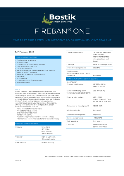 Bostik Fireban One - Technical Data Sheet