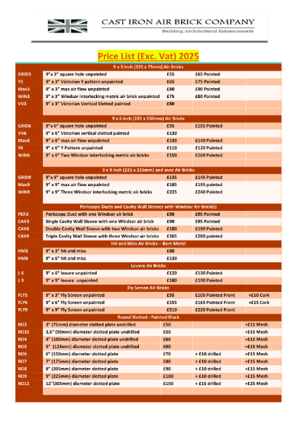 Cast Iron Air Brick Company Product and Price List
