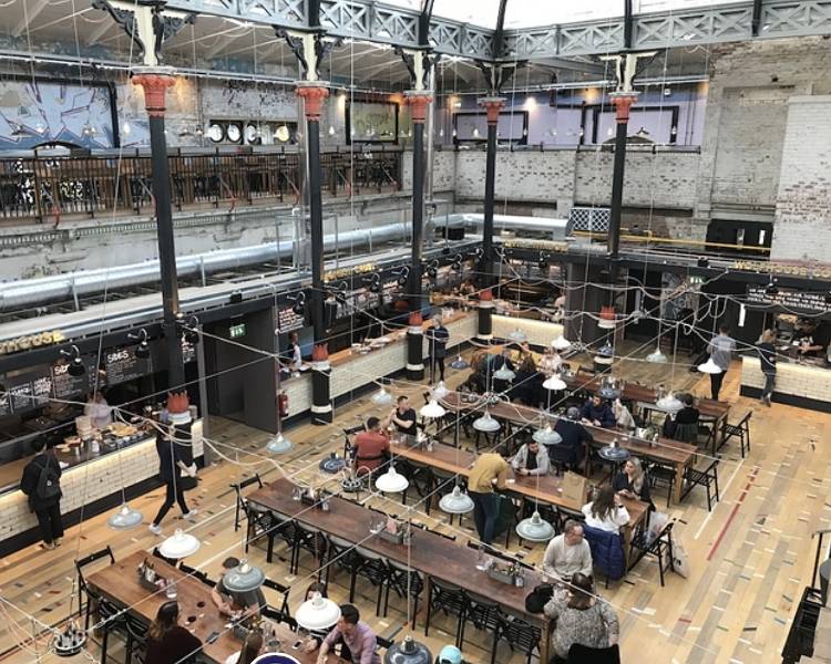 Reclaimed wood flooring for Mackie Mayor food hall, Manchester