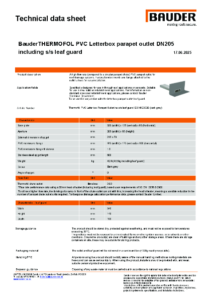 BauderTHERMOFOL PVC Letterbox parapet outlet DN 205 including ss leaf guard