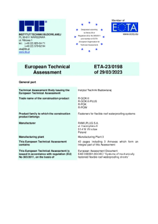 European Technical Assessment - Fasteners for Flexible Waterproofing Systems