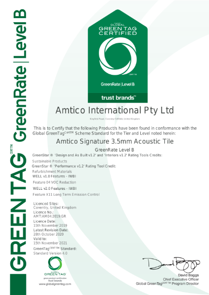 Signature LVT Acoustic Greenrate Level B Certificate 