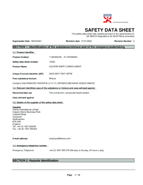 Colpor 200PF Curing Agent Safety Datasheet