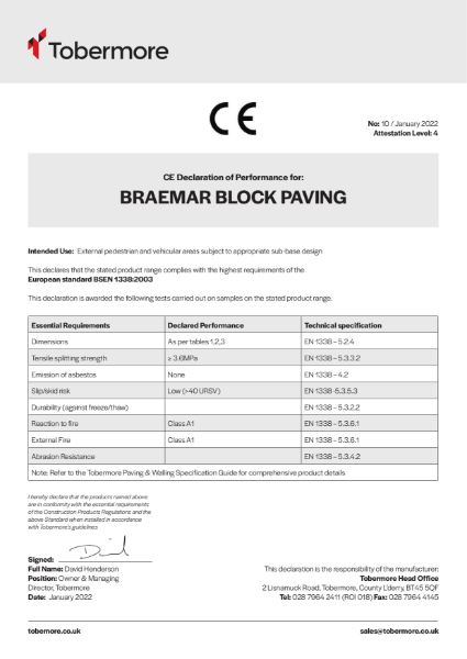 Braemar Block Paving_Tobermore CE Declaration of performance January 2022