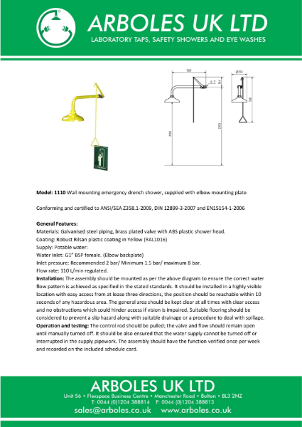 Arboles UK Wall Mounted Emergency Drench Shower