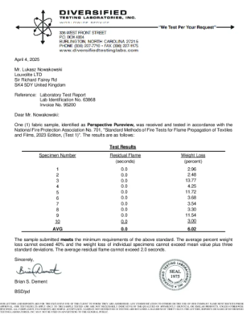 National Fire Protection Association No. 701 Flame Propagation of Textiles and Films