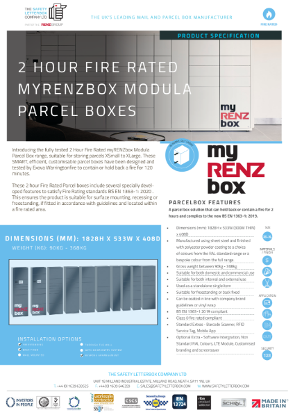 2 Hour Fire Rated myRENZbox Modular Parcel Boxes Specification
