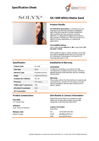 SX-1409 White Matte Sand Specification Sheet