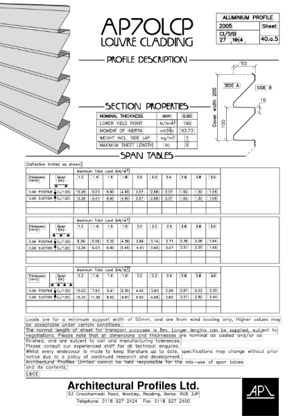 AP 70LCP -  Aluminium - Cladding Data Sheet