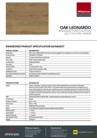 220 x 15 x 2400mm Renaissance Oak Leonardo Plank Spec Sheet