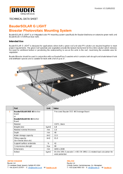BauderSOLAR G LIGHT Biosolar Mounting System - Technical Data Sheet