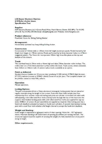 FlexiGlide - Specification Text Vision Air FlexiGlide Sliding Folding Shutter