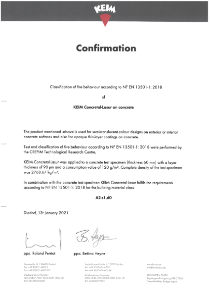 KEIM Concretal Lasur Confirmation non flammable on Concrete A2-s1,d0 January 2021