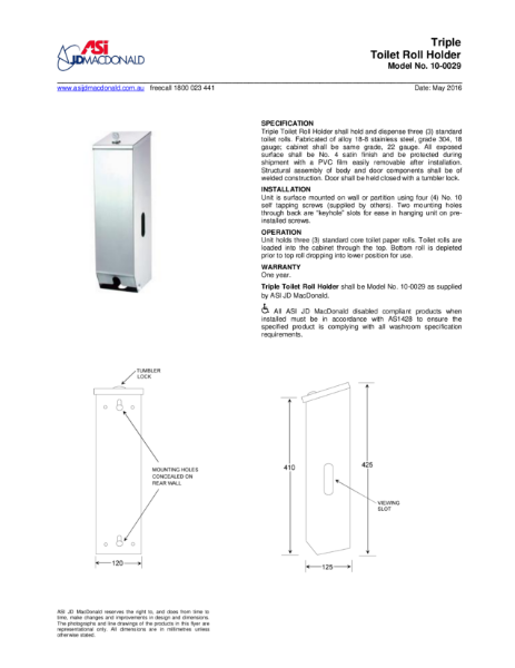 Triple Toilet Roll Holder Specification Sheet