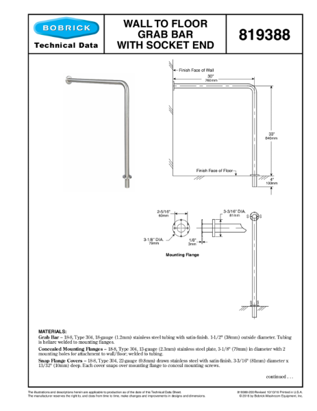 Wall to Floor Garb Bar with Socket End - 819388