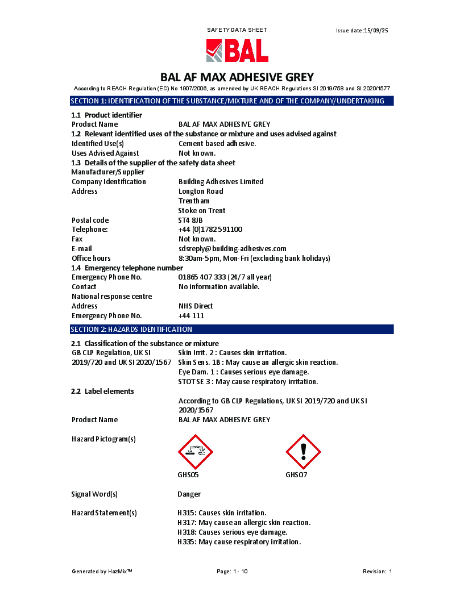 BAL AF Max - Material Safety Data Sheet