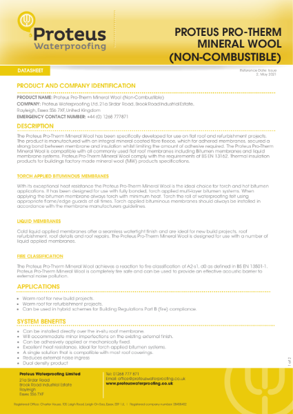 Proteus Pro-Therm Mineral Wool (Non-Combustible) Data Sheet