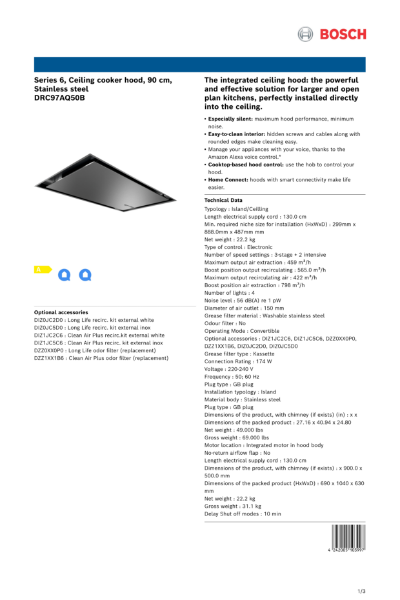 Series 6, Ceiling cooker hood, 90 cm,
Stainless steel
DRC97AQ50B