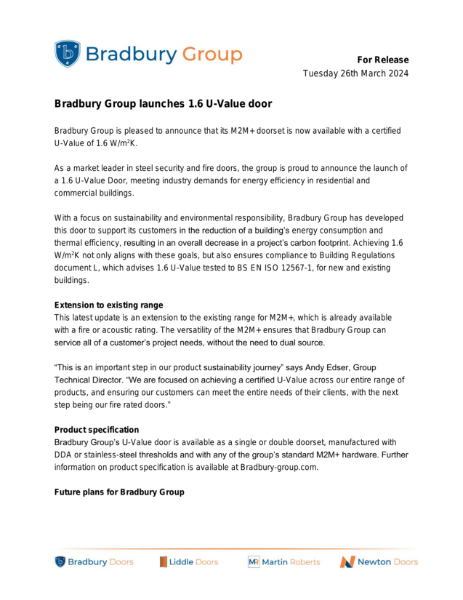 Bradbury Group launches 1.6 U-Value door