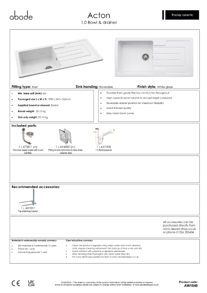 AW1040 Acton. Ceramic Inset Sink & Drainer (Single Bowl) - Consumer Specification