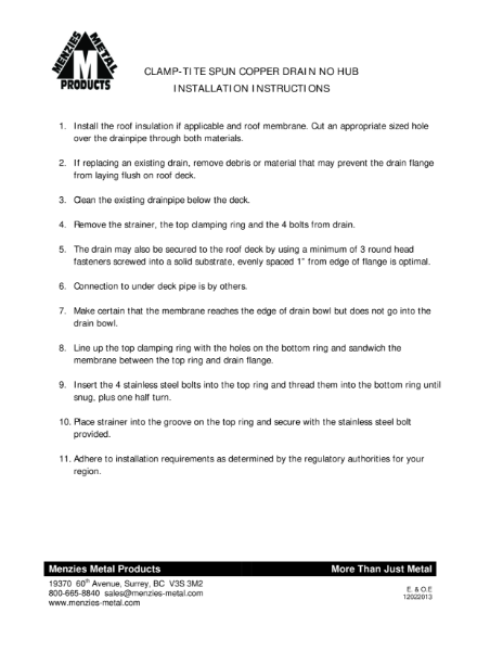 INSTALLATION INSTRUCTIONS CLAMP-TITE SPUN CU DRAIN - NO HUB