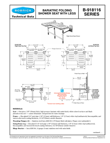 Bariatric Folding Shower Seat with Legs - B-918116 Series