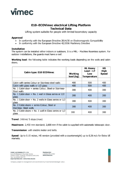 Platform Lift S11 by Vimec - Data Sheet