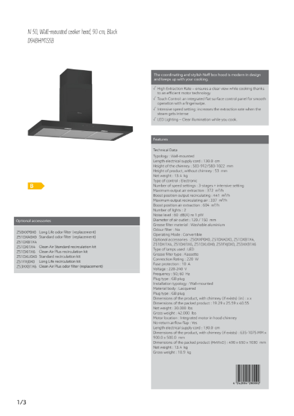 N 50, Wall-mounted cooker hood, 90 cm, Black
D94BHM1S5B