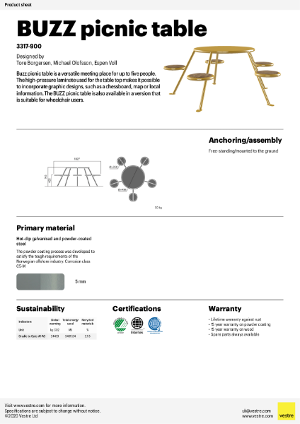 Buzz Picnic Table Product Sheet