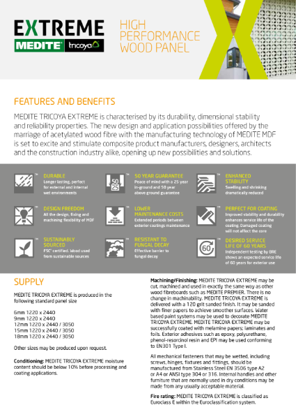 MEDITE TRICOYA EXTREME (MTX) - MDF panel with up to 50 years guarantee.