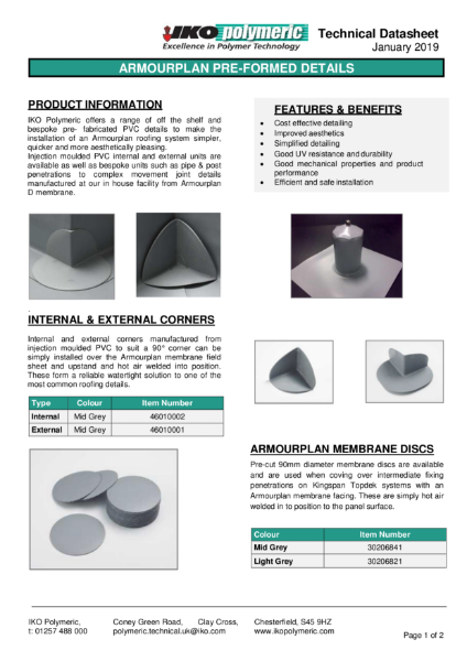 Armourplan Pre-Formed Details Datasheet 2019