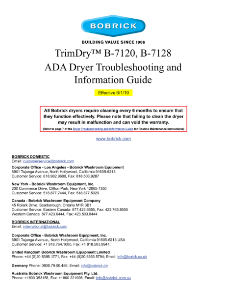 TrimDry™ B-7120, B-7128 ADA Dryer Troubleshooting and Information Guide