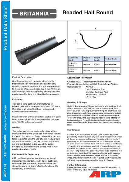 Britannia Beaded Half Round Data Sheet