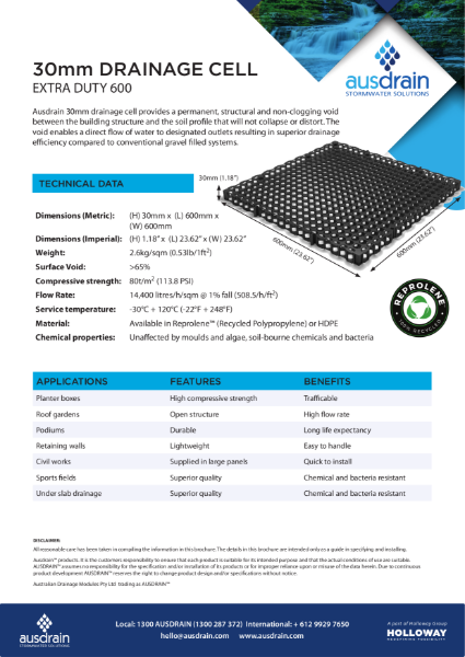 30mm Drainage Cell Technical Data Sheet