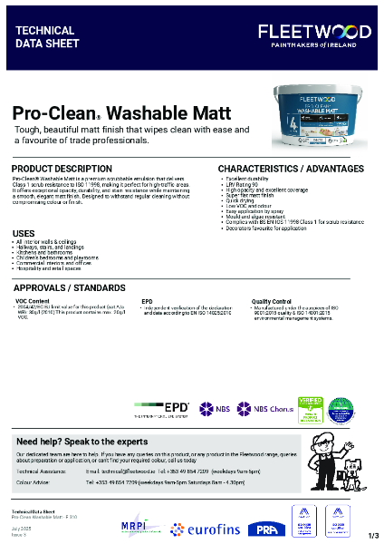 Fleetwood Paint Pro-Clean Washable Matt Technical Data Sheet