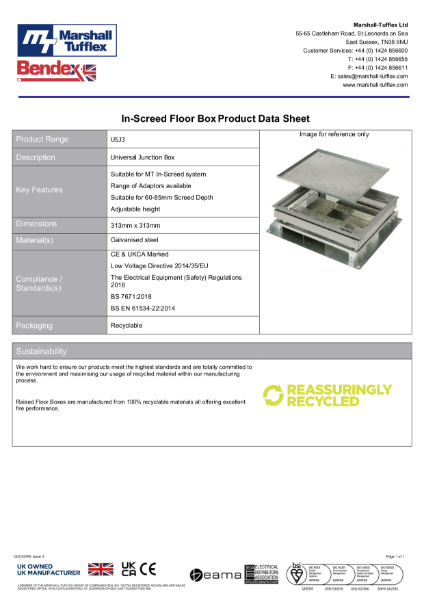 In-screed Universal Junction Box Product Data Sheet