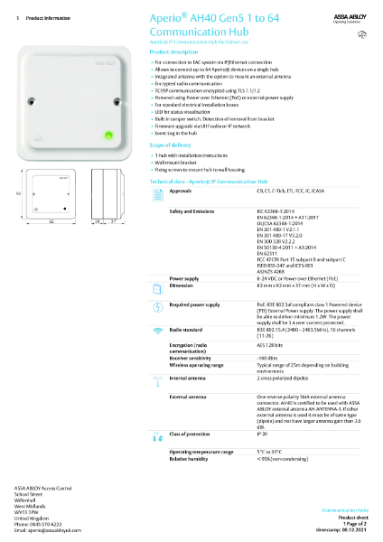 Aperio AH40 Gen5 1 to 64 Communication Hub Datasheet