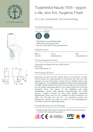 Toalettstol Nautic 1591 - öppet s-lås, stor fot, Hygienic Flush Produktblad