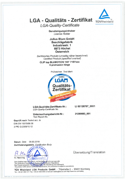 CLIP top BLUMOTION 155° LGA-Certificate