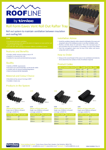 Timloc Building Products 6M Roll Out Rafter Tray Datasheet