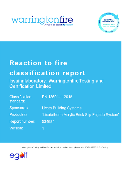 Reaction to Fire Classification Report - Licatatherm Acrylic Brick Slip Façade System - Warrington Fire