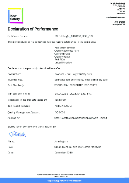 Kee Gate® Full Height Safety Gate Declaration of Performance (DoP)