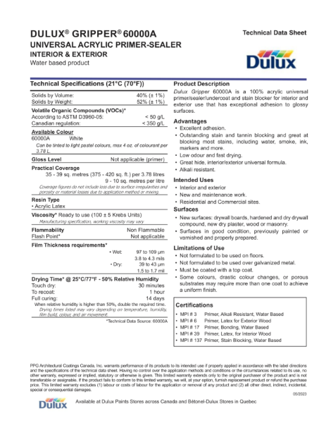 DULUX® GRIPPER® 60000A UNIVERSAL ACRYLIC PRIMER-SEALER INTERIOR & EXTERIOR