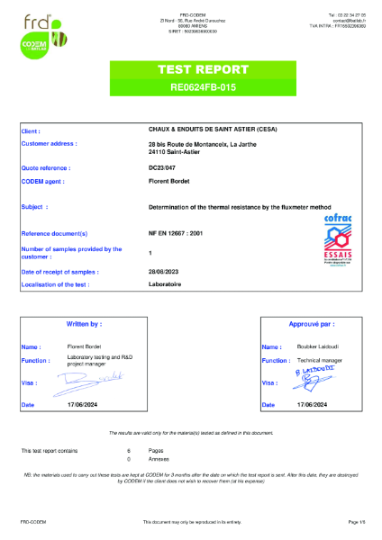 Test report by CODEM for thermal resistance