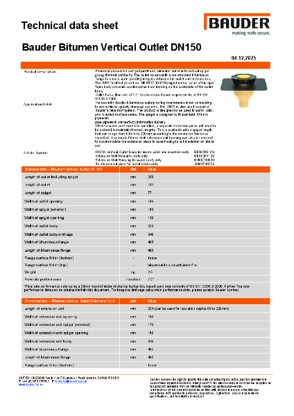 Bauder Bitumen Vertical Outlet DN150 - Technical Data Sheet