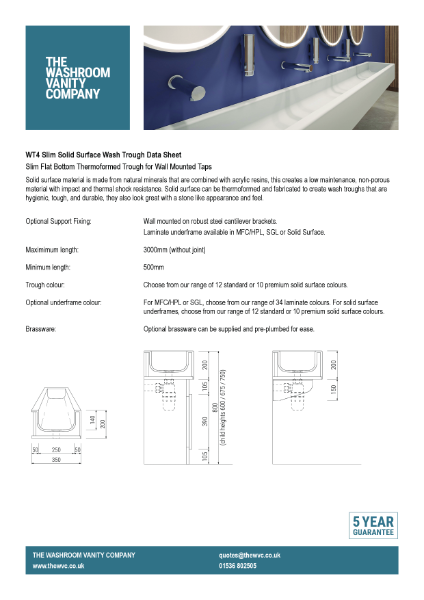 Solid Surface Slim Flat Bottomed Wash Trough Without Tap Deck - WT4 Slim