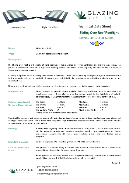 Sliding Over Roof Technical Data Sheet