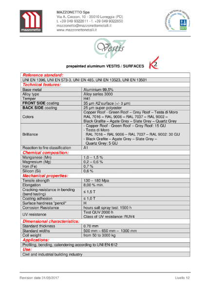 Mazzonetto Vestis Prepainted Aluminium Datasheet