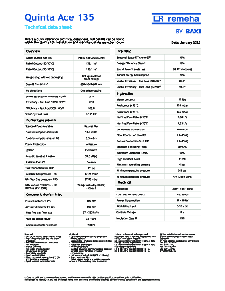 Baxi Quinta Ace 135 -  Technical Specification