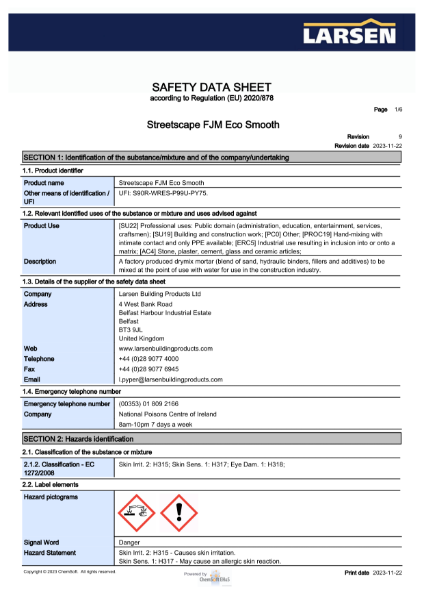 MSDS - FJM Eco Smooth BS 7533 Type 40 Jointing Mortar